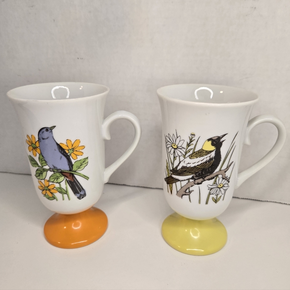 Vintage 1960's Japan Fred Roberts Songbird Pedestal Coffee Mugs, Pair